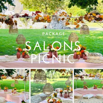 décoration mariage- table et assises pour l'exterieur dans un style picnic