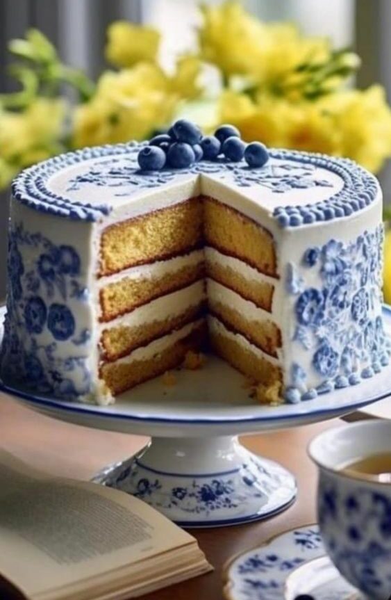 thème de mariage bleu, blanc et vintage- gâteau de mariage